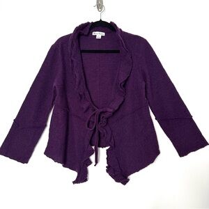 Boho Goblincore 100% Wool Cardigan Shabby Royal Purple Ruffle Tie Hobbit Fairy
